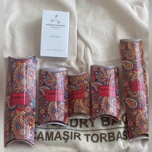 aroma collection shaving kit, shower cap, sewing kit, vanity, comb & shoe sponge